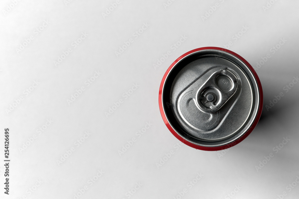 closeup metallic can on white table background. top view closeup metallic can on white table background. top view