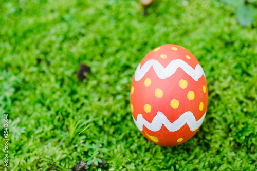 Beautiful Easter Red color egg on garden green grass
