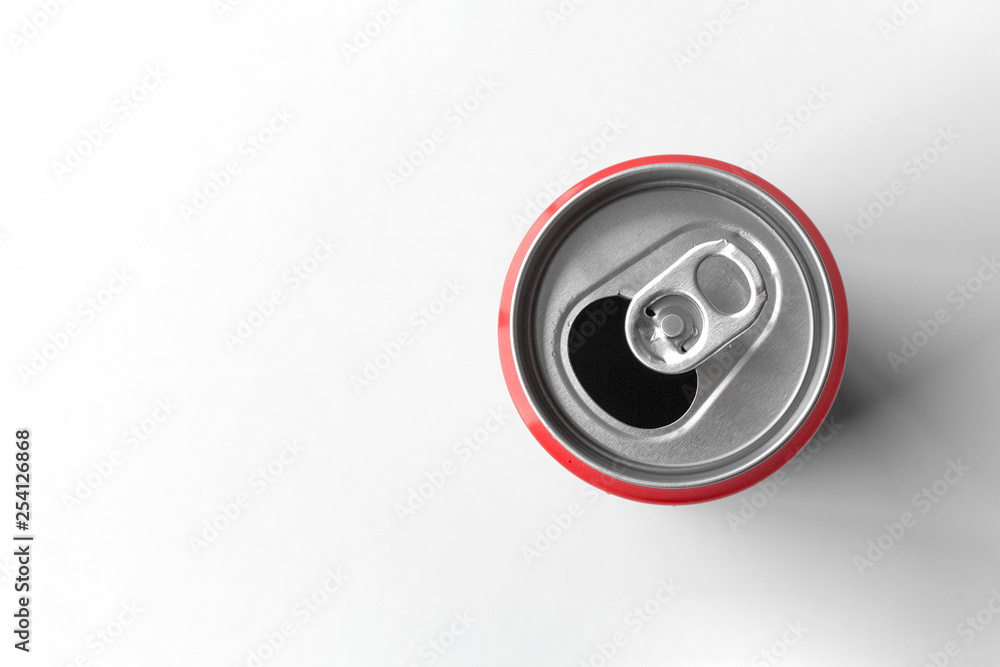 closeup metallic can on white table background. top view closeup metallic can on white table background. top view