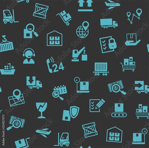 Cargo delivery, seamless pattern, color, gray, blue icons, vector. Cargo transportation and delivery of goods. Blue icons on a dark gray background. Vector flat seamless pattern. 