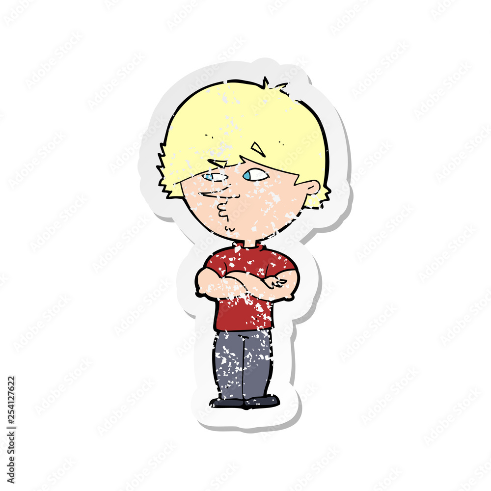 retro distressed sticker of a cartoon suspicious man retro distressed sticker of a cartoon suspicious man
