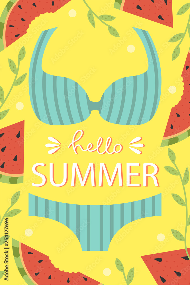 A bright summer card. Greeting card. Beach party. Vector design concept for summer party.