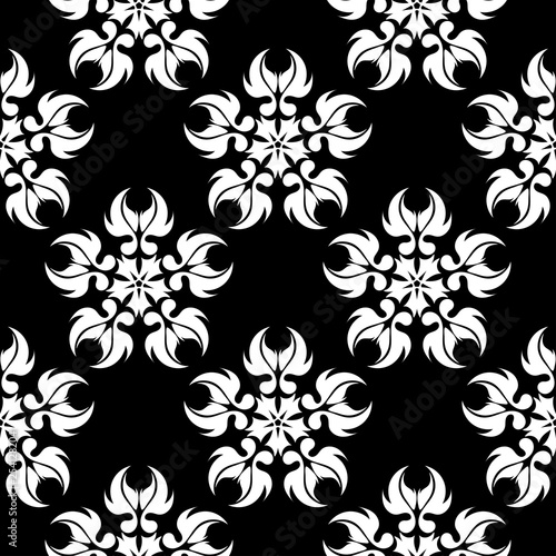  Seamless pattern. Black flowers on white floral background
