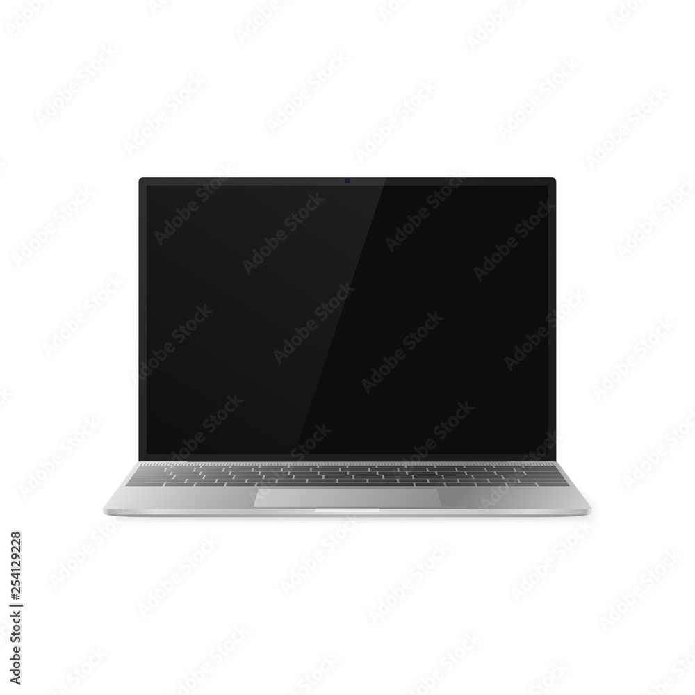 Laptop front view. Laptop with shadow isolated on white background. Laptop design with black display and gray keyboard. Vector illustration