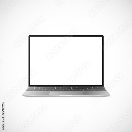 Laptop with shadow isolated on white background. Laptop design with black display and gray keyboard. Laptop front view. Vector illustration