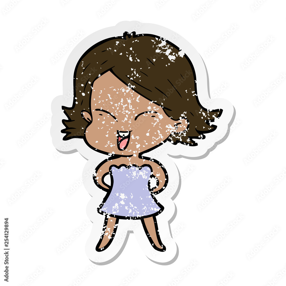 distressed sticker of a happy cartoon girl distressed sticker of a happy cartoon girl