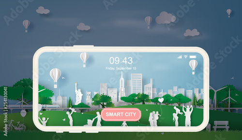 Photography Paper art style of eco landscape in the New York City America with happy family having fun,People big family enjoy fresh air in outdoor park,illustration design ecology smart city concept vector