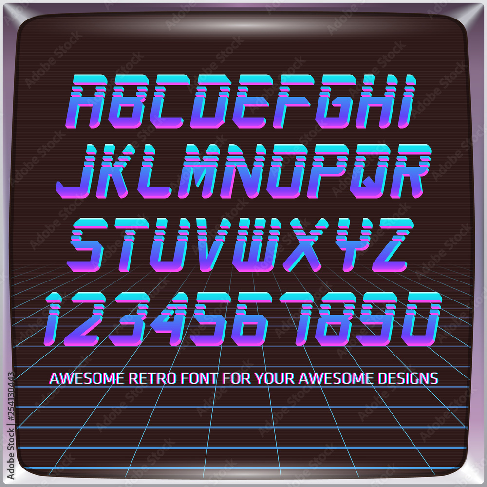 Virtual Reality Retro Futuristic Font. Stylish Retro Synth Wave Alphabet in  80s style. Vector font on laser grid background Stock-Vektorgrafik | Adobe  Stock