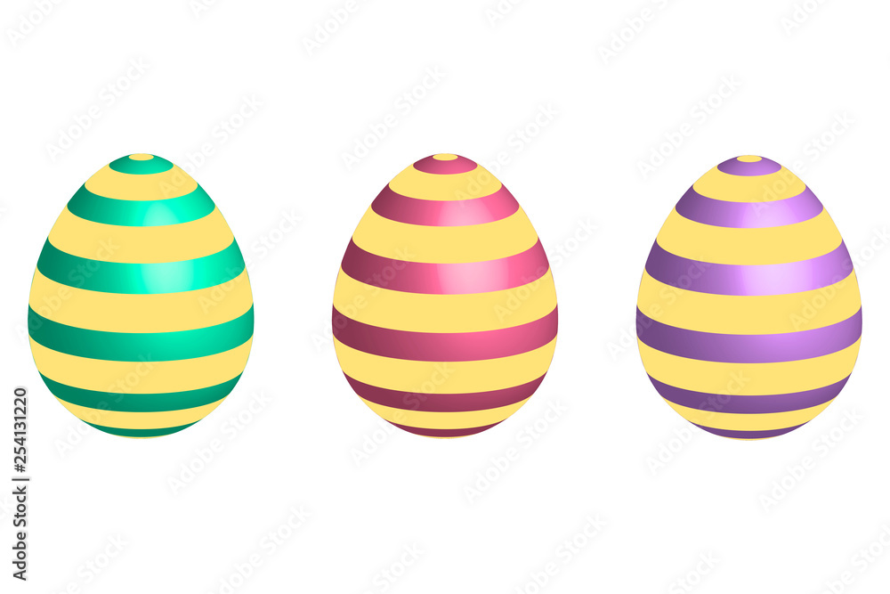 Set of different modern trendy striped 3D easter eggs with bright creative colors decor. White background. Editable vector EPS 10 illustration.