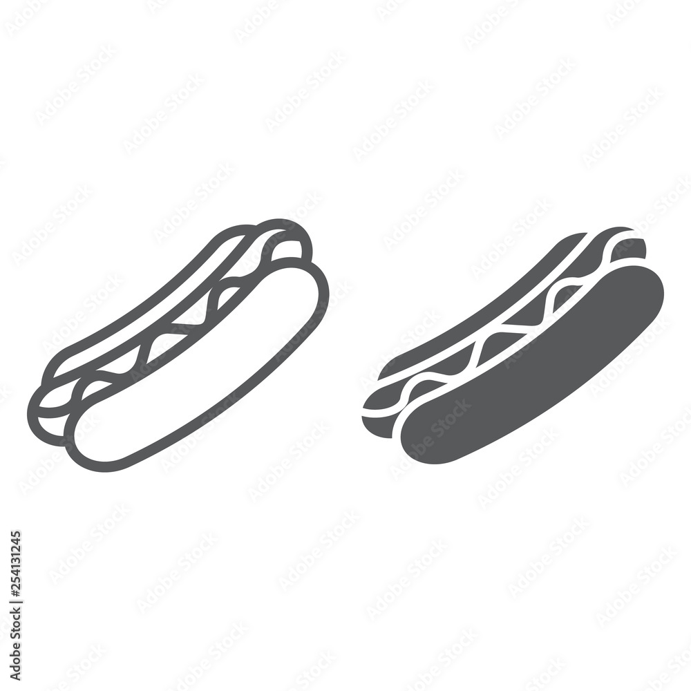 Hotdog line and glyph icon, food and meal, sausage sign, vector graphics, a linear pattern on a white background. Hotdog line and glyph icon, food and meal, sausage sign, vector graphics, a linear pattern on a white background.