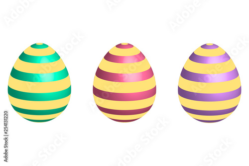 Set of different modern trendy striped 3D easter eggs with bright creative colors decor. White background. Editable vector EPS 10 illustration.