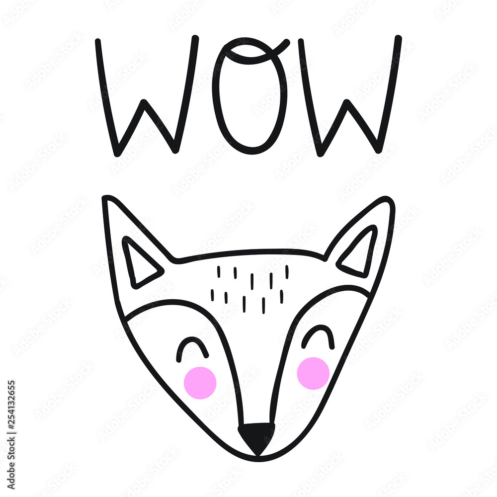 Fototapeta premium Cute fox say wow. Scandinavian, nordic style. Simple hand drawn vector illustration design. Best for nursery, childish textile, apparel, poster, postcard.