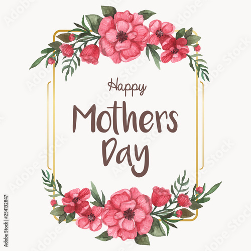 Mother's Day card template with watercolor flowers and golden frame.