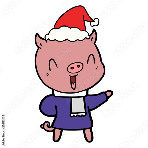 happy line drawing of a pig in winter clothes wearing santa hat
