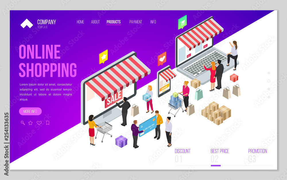 Design website or landing page template. Minimal modern concept for online shopping, e-commerce market. Isometric vector illustration. Design website or landing page template. Minimal modern concept for online shopping, e-commerce market. Isometric vector illustration.