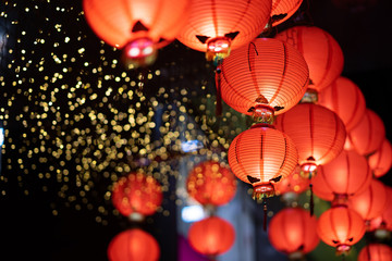 Chinese red lantern in the night of Chinese New Year of happiness