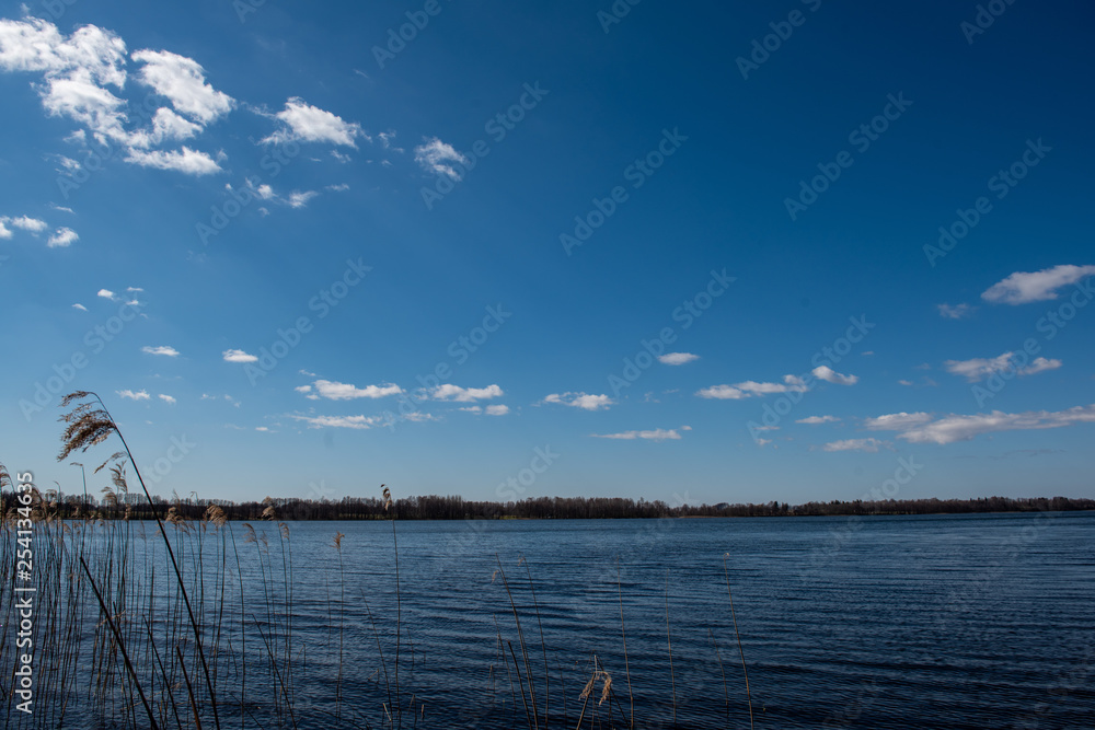 calm lake in bright sun light with reflections of clouds and trees and blue sky