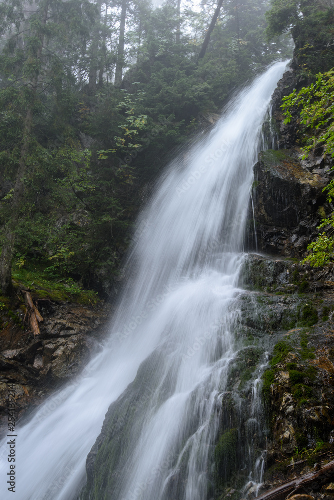Fototapeta premium fast mountain rocky river in forest with waterfall