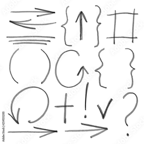 Hand drawn sketch signs, arrows, lines, shapes, handwritten