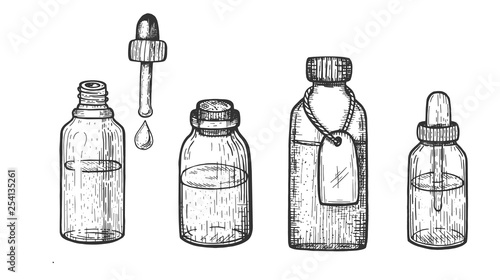  bottles with essential oli. Freehand drawing. vector illustration