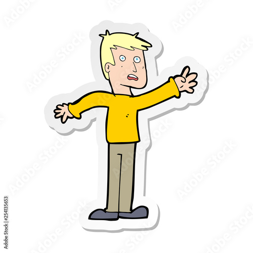 sticker of a cartoon worried man reaching