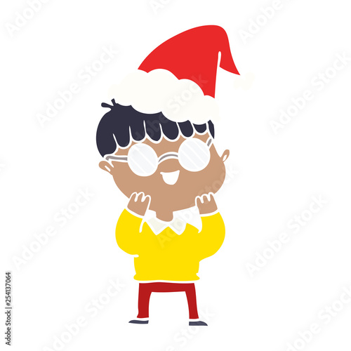 flat color illustration of a boy wearing spectacles wearing santa hat © lineartestpilot