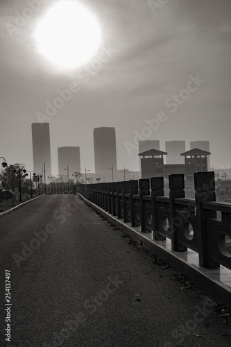 Sunset at the road to the city. China. Lianyungang. 