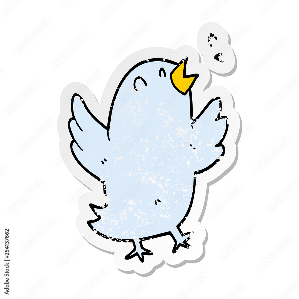 distressed sticker of a cartoon bird singing distressed sticker of a cartoon bird singing