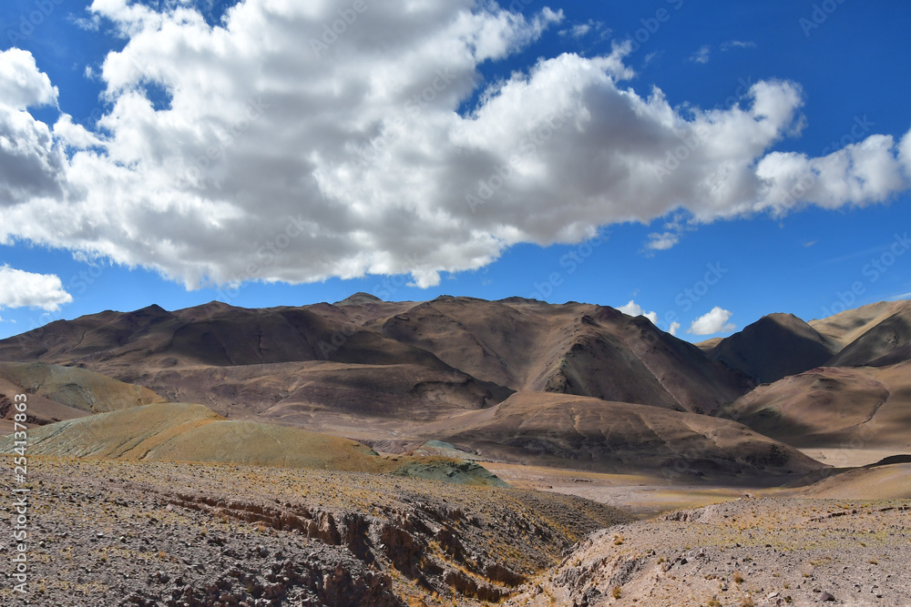 China, Tibet. China, Tibet. Mountain landscape on the way to lake Mershung (Merchong) in summer