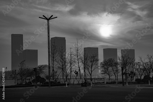Sunset at the road to the city. China. Lianyungang. 