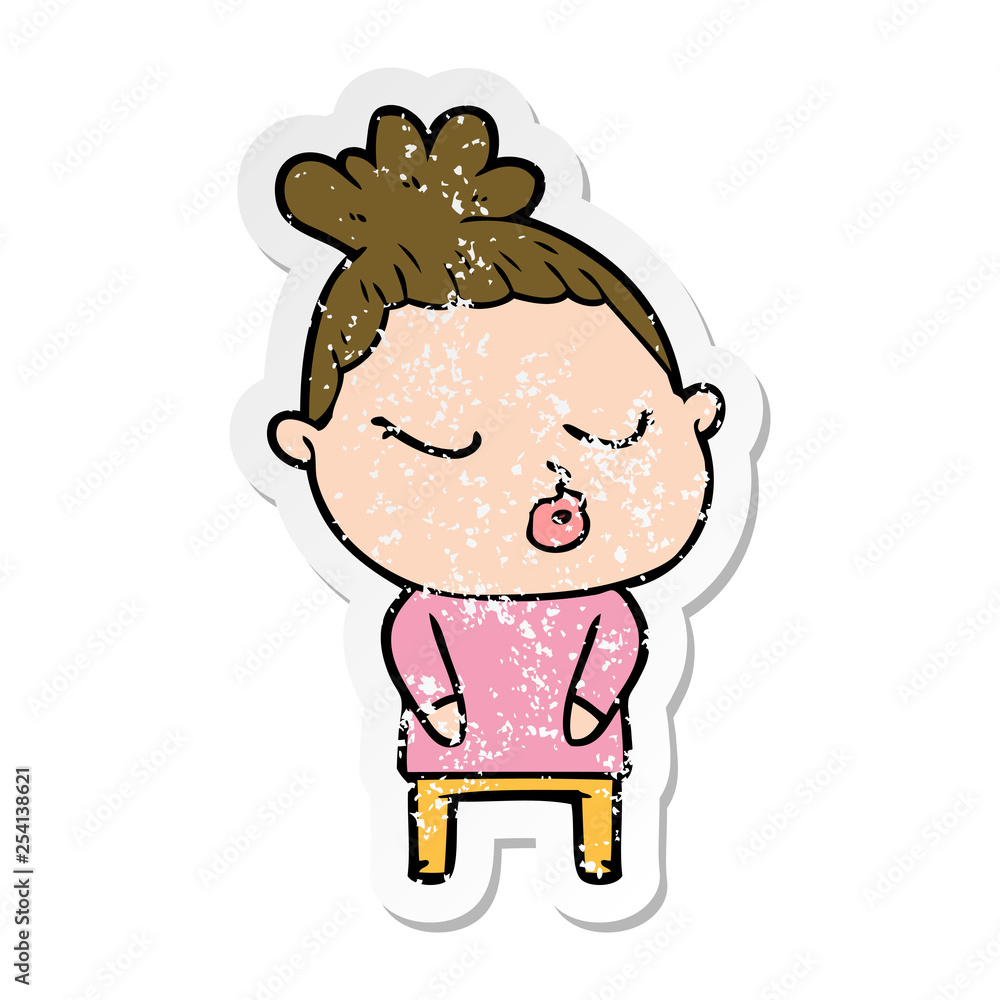 distressed sticker of a cartoon calm woman distressed sticker of a cartoon calm woman