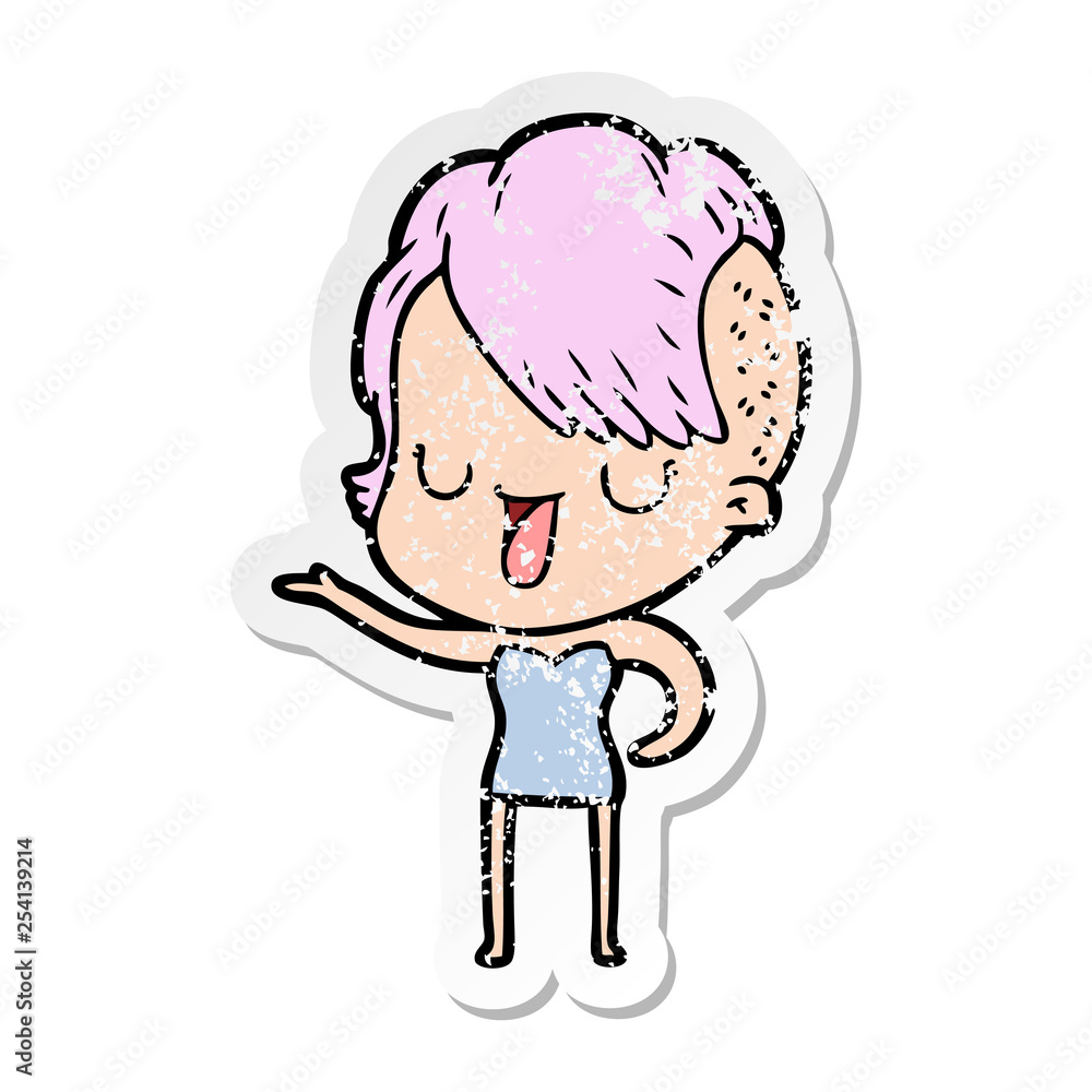 distressed sticker of a cute cartoon girl with hipster haircut distressed sticker of a cute cartoon girl with hipster haircut