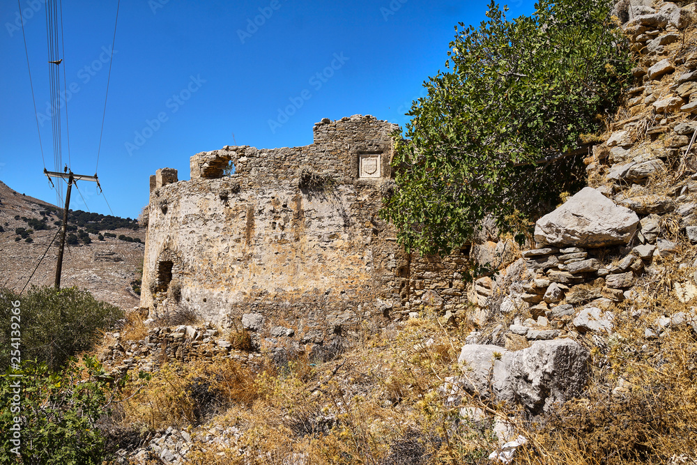 Crusader castle ruins on Symi island Greece