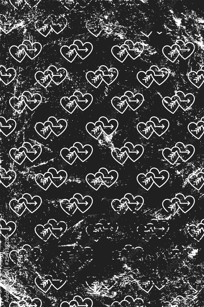Grunge pattern with line art icons of double cupid hearts. Vertical black and white backdrop. Grunge pattern with line art icons of double cupid hearts. Vertical black and white backdrop.