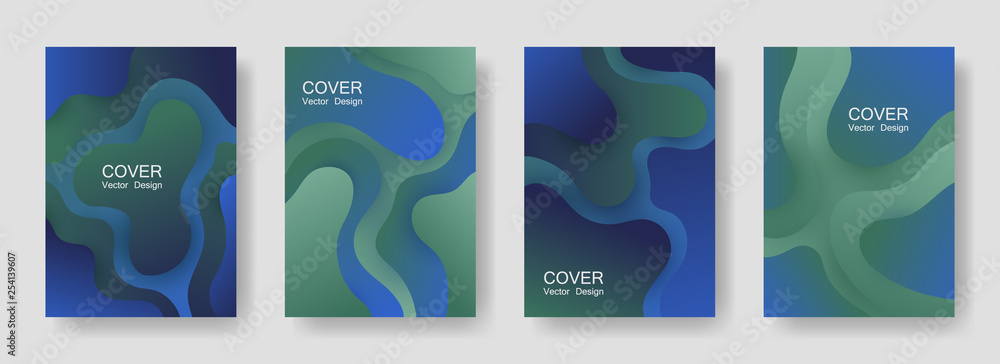 Gradient liquid shapes abstract covers vector collection. Geometric brochure backgrounds design. Flux paper cut effect blob elements backdrop, fluid wavy shapes texture print. Cover templates.