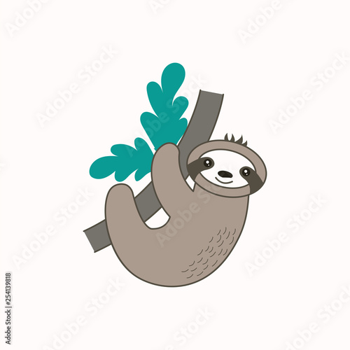 Cute vector sloth on branch.