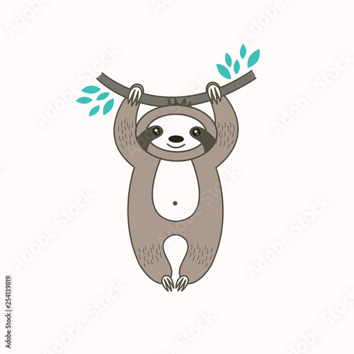 Cute vector sloth on branch.