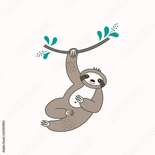 Cute vector sloth on branch.