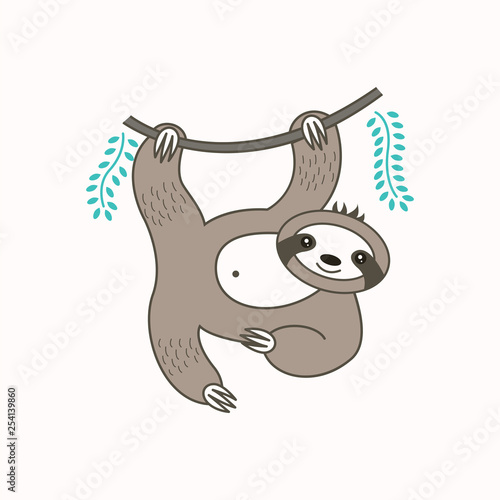Cute vector sloth on branch.