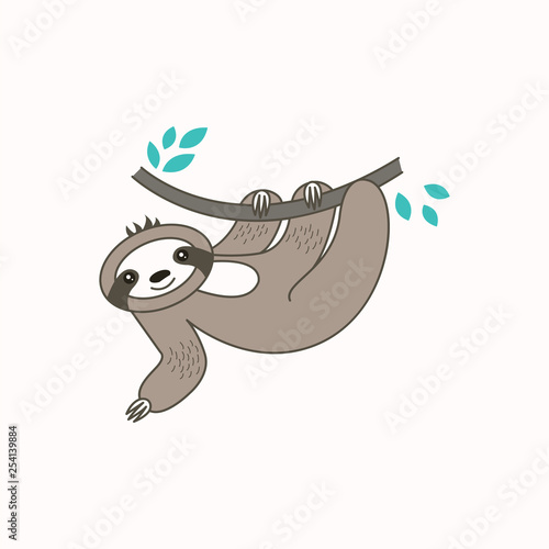 Cute vector sloth on branch.