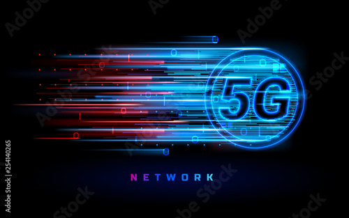 Binary data flowing through 5g wireless connection for technology banner. Global speed internet network connection. New IOT concept. Digital signal transmission of fifth generation. Wifi communication photo
