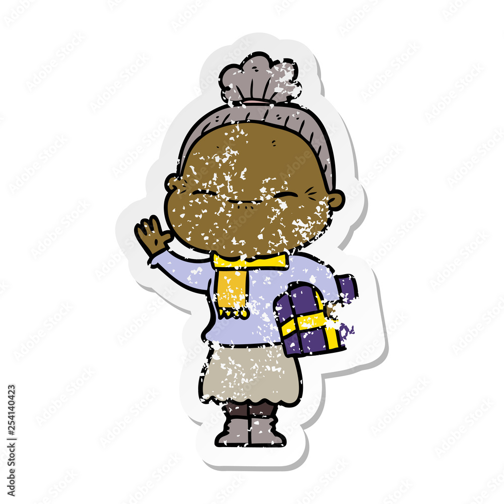 distressed sticker of a cartoon peaceful old woman distressed sticker of a cartoon peaceful old woman