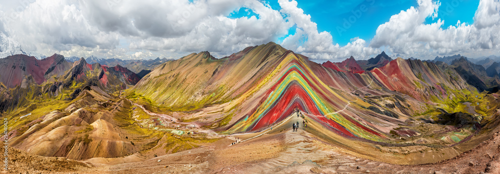 Hiking scene in Vinicunca, Cusco Region, Peru.  Rainbow Mountain - obrazy, fototapety, plakaty 