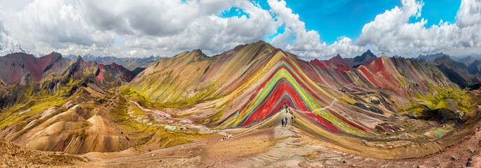 Hiking scene in Vinicunca, Cusco Region, Peru.  Rainbow Mountain