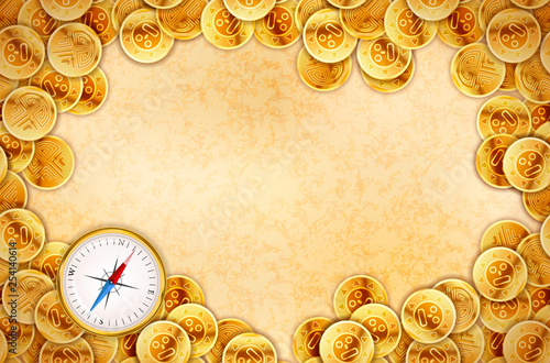 Pirate gold coins on old ancient textured empty map template