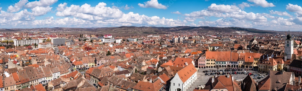 Aerial view from Saint Mary Lutheran Cathedral in Sibiu city in Romania