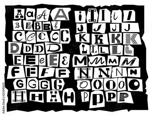 Latin alphabet, made up of letters of different sizes and shapes, is drawn in the style of inscriptions from detective stories. Black letters are cut from newspaper headlines. Part of the alphabet 1