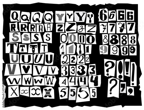Latin alphabet, made up of letters of different sizes and shapes, is drawn in the style of inscriptions from detective stories. Black letters are cut from newspaper headlines. Part of the alphabet 2