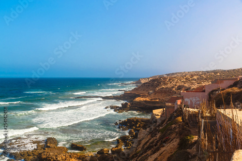 Atlantic Ocean coast landscape with heavy waves, Essaouira, Morocco.