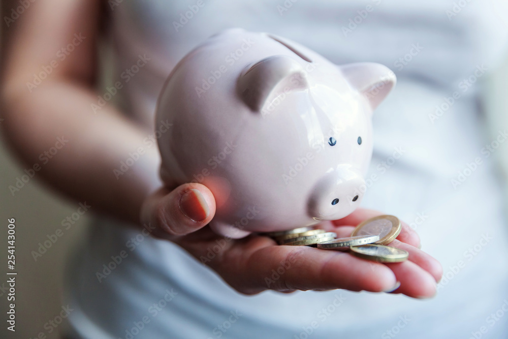 Female woman hands holding pink piggy bank and euro coins. Saving investment budget business wealth retirement financial money banking concept Female woman hands holding pink piggy bank and euro coins. Saving investment budget business wealth retirement financial money banking concept